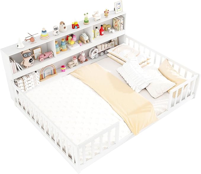 KOMFOTT Full Floor Bed with Bookcase & Shelves, Wood Bed Frame with Bedside Bookshelves & Guardrails, Versatile 2-in-1 Montessori Floor Bed for Kids (White)