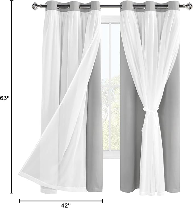 Hiasan Blackout Curtains with Sheer Overlay, Thermal Insulated Privacy Double Layer Mix & Match Window Curtains for Girls Bedroom, Living Room, 2 Drape Panels with Tiebacks, Silver Grey, 42W X 63L