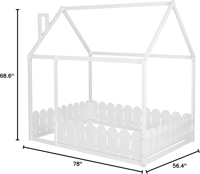 Merax Wooden House Bed with Fence-Shaped Guardrail Montessori Bed Frame for Kids, Toddlers, Girls, Boys (Full,White)