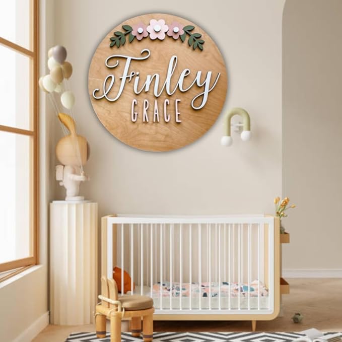 Personalized Wooden Name Sign - Custom Baby Name Signs for Nursery & Kids Room Decor - Baby Announcement Sign - Name Wall Art - Wooden Letters for Wall - Custom Round Nursery Name Sign (Design 8)
