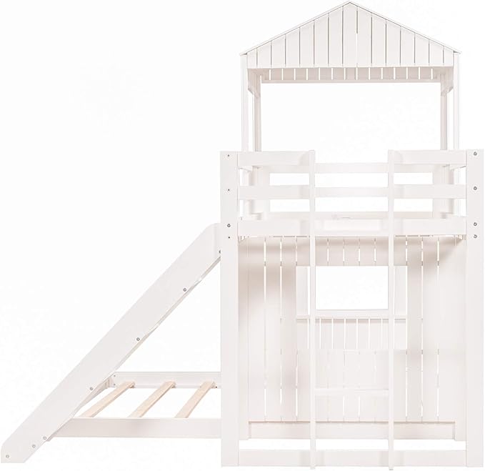 MERITLINE House Bed Bunk Beds with Slide Twin Over Full Size Bunk Bed Frame with Slide,Wooden Playhouse - Design Slide Bunk Beds Twin Over Full Bunk for Boys and Girls