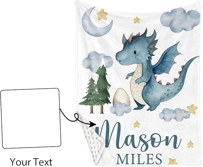Personalized Crib Bedding Set for Boys Girls, Custom Baby Crib Sets with Name, Blue Dinosaur Design Nursery Bedding 2 Piece - Soft Blanket with Double Layer Dotted Backing, Crib Fitted Sheet