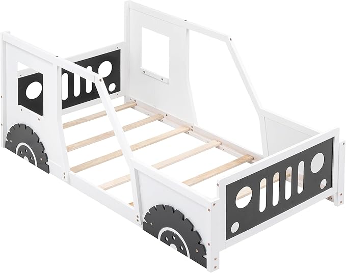 Twin Size Classic Car-Shaped Platform Bed with Wheels, 77.4" L x 41.7" W x 32" H White