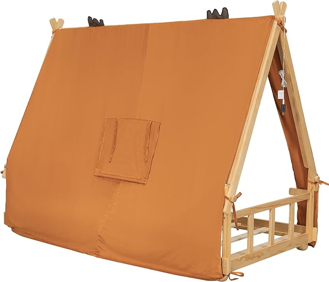 Montessori Floor Bed Twin with Tent & Light, Wood Twin House Beds for Kids, DIY Playhouse, Low-Profile Teepee Bed, Playful Indoor Adventure & Sleep for Girls Boys,Natural+Brown
