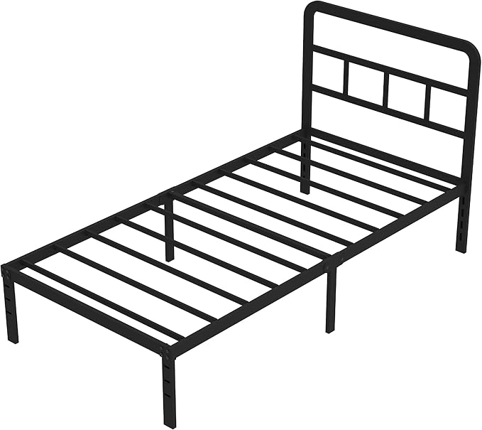 14 Inch Twin XL Bed Frame with Headboard No Box Spring Needed Metal Platform Heavy Duty Steel Slat Mattress Foundation/Easy Assembly/Noise Free/Black