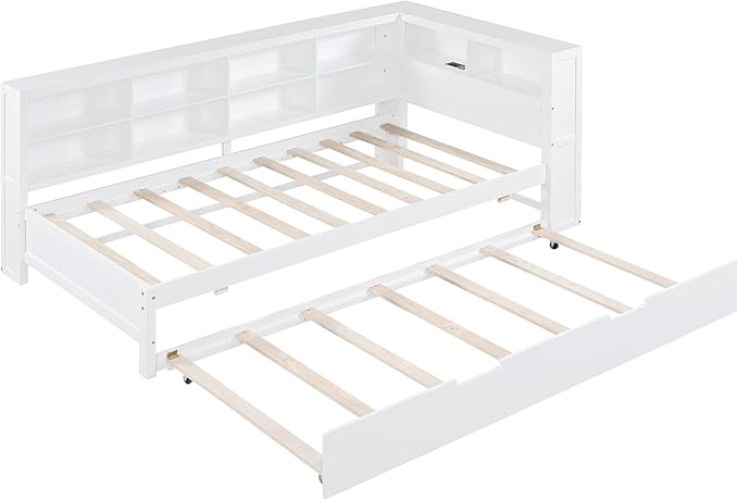 Harper & Bright Designs Twin Size Daybed with Trundle and Charging Station, Wooden Twin Storage Bed Frame with L-Shaped Bookcases, Twin Platform Bed with Shelves for Kids Girls Boys, White
