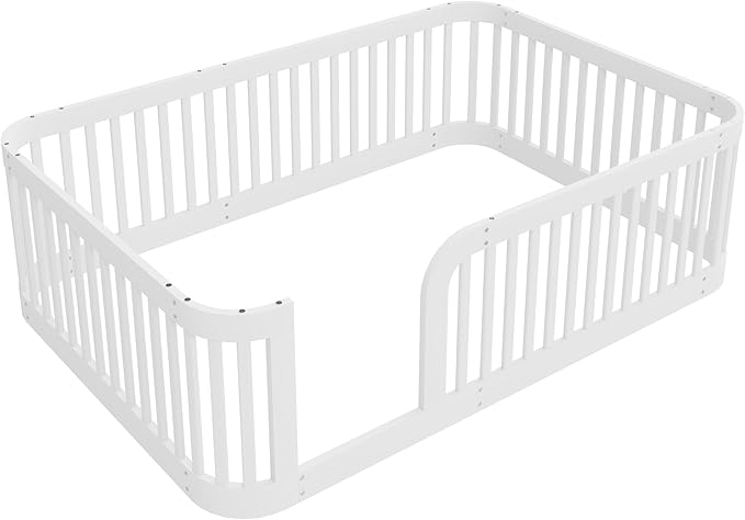 Full Size Floor Bed with High Rails, Montessori beds for Kids Solid Wood Bed Frame, White