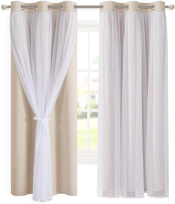 DWCN Beige Layered Curtains for Living Room Blackout and Sheer Curtains Grommet Top Window Treatment with Sheer Overlay for Bedroom, 38 W by 63 L, 2 Pieces