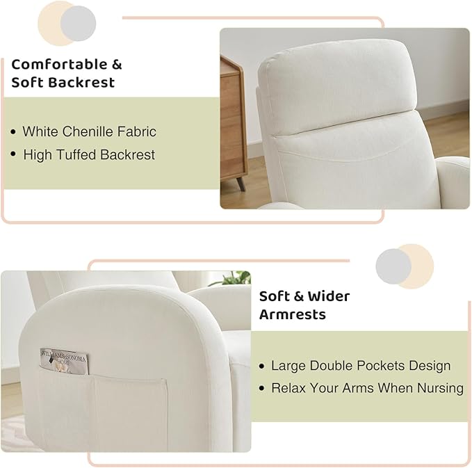 Swivel Recliner Rocker Nursery, Chenille Nursering Glider Recliner, Manual Swivel Rocking Reclining with Double Pockets for Living Room, Cream White