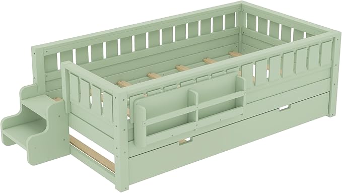 Bellemave Twin Bed with Trundle Twin and Stairs, Twin Size Platform Bed Frame with Fence and Bookshelf, Easy Assemble Beds for Kids, Girls, Boys, Green