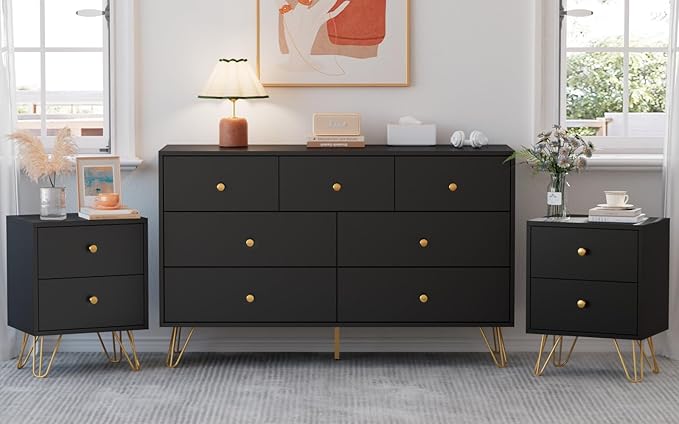 Black Dresser for Bedroom, Modern 7 Drawer Dresser with Gold Handles and Metal Legs, Black and Gold Dressers & Chest of Drawers for Hallway, Entryway