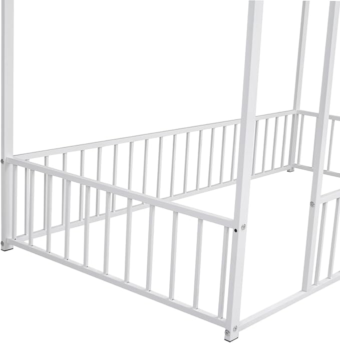 Bellemave Twin Size Montessori Floor Bed, Metal House Bed Framefor Kids, Montessori Floor Beds with Fence, Playhouse for Kids,White