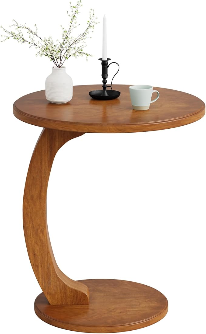 Tribesigns Small Round End Table for Living Room, C-Shaped Sofa Side Table for Couch, Retro Boho Bedside Nightstand, Brown