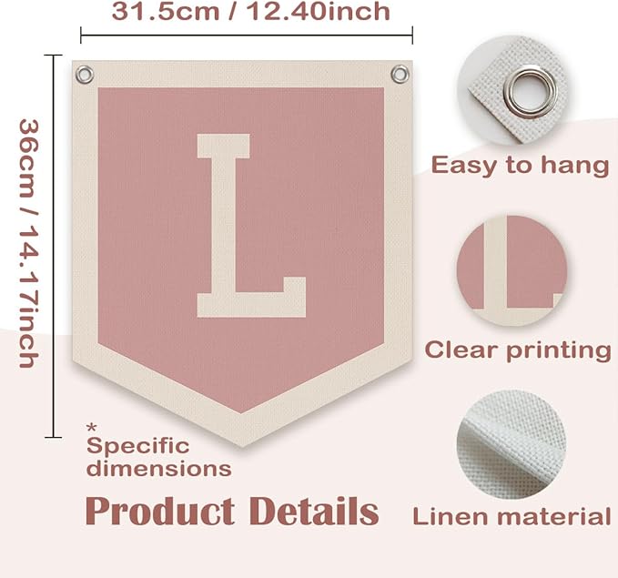 Lacama Baby Shower Decor Gifts, Pink Initial Personalized Preppy Banner, Baby Girl Nursery Decor, Initial Pennant,Vintage Room Decor Toddler Room Bedroom Playroom Front Door Birthday Gift(L)