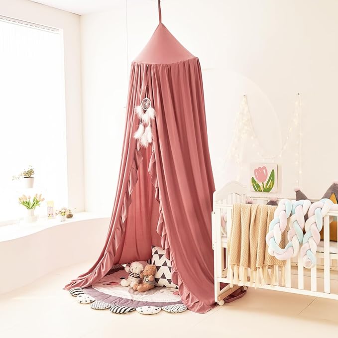 Mengersi Bed Canopy for Girls,Ruffled Canopy Bed Curtains Canopy for Girls Room,Hanging Canopy Princess Play Tent for Reading Nook Play Room Decor (JujubeRed)