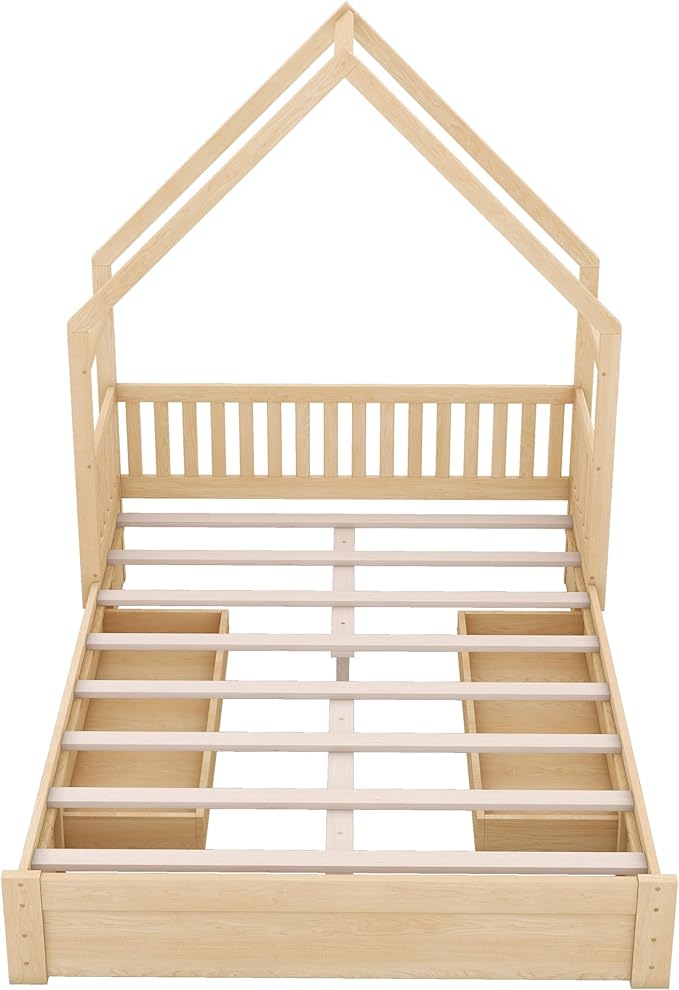 SOFTSEA Queen Size House Platform Bed with Drawers, Queen Floor Bed with Storage Drawers, Wood House Bed Frame with Guardrails and Roof, No Box Spring Needed, Natural