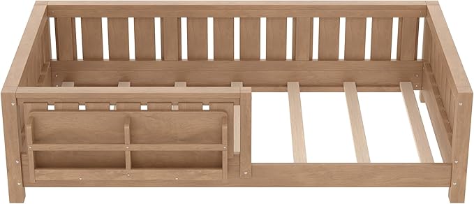 Bellemave Twin Floor Bed with Slats and Safety Guardrail, Twin Size Montessori Floor Bed with Fence and Built-in Bookshelf, Easy Assemble Montessori Beds for Kids, Girls, Boys, Natural