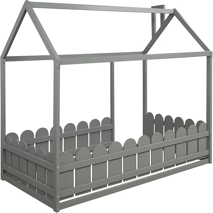 Bellemave Twin Size Kids Floor Bed Frame with Fences, Wooden House Bed with Roof Can be Decorated for Kids Girls Boys (Grey)
