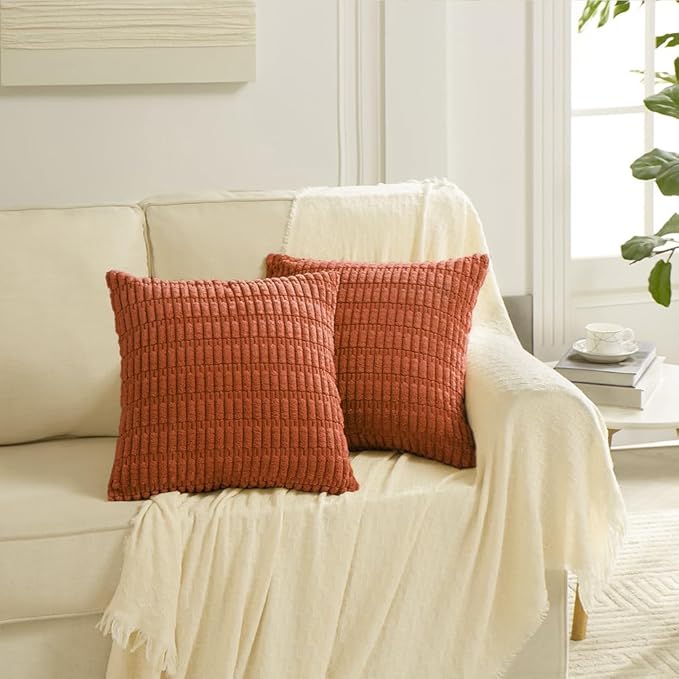 Fancy Homi 2 Packs Fall Burnt Orange Decorative Throw Pillow Covers 14x14 Inch for Living Room Couch Bed Sofa, Soft Striped Corduroy Square Cushion Case 35x35 cm, Rustic Farmhouse Boho Home Decor