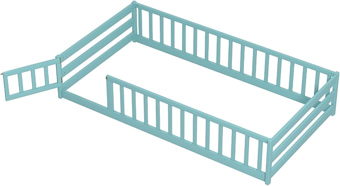KOMFOTT Twin Size Wood Floor Bed with Door & Fence, Montessori Bed Frame with Full Length Safety Guardrails, Door & Latch, Wooden Montessori Floor Bed for Kids, Girls, Boys (Twin,Green)