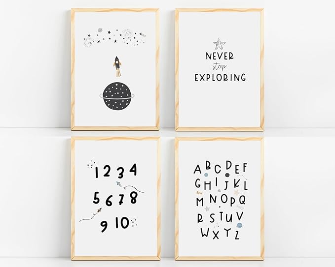 VUVUKU Nursery Prints Space Themed Alphabet Poster Boys Room Decor Baby Boy Kids Playroom Wall Art Outer