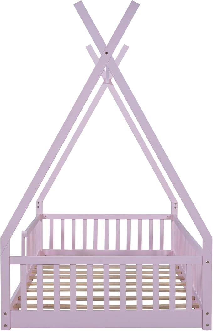 Twin House Bed with Fence Rails, Wood Montessori Floor Bed with Slats Support, Twin Size Teepee Tent Beds Kids Bed Frames for Girls Boys,Pink