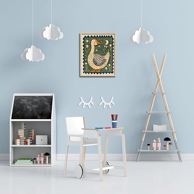 KISSFOX Framed Wall Art Nursery Wall Decor Yellow Duck Pictures Kids Cute Animal Canvas Art Boho Floral Paintings Artwork For Children Boys Girls Room