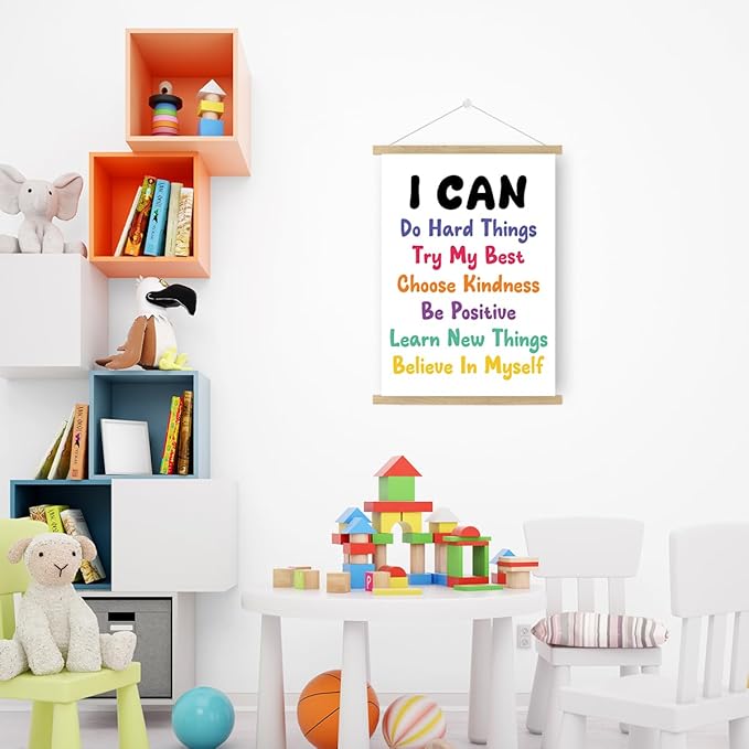 Qswo Positive Affirmations Wall Decor,I Can Do Hard Things Wall Art Poster Hanger Frame,Inspirational Hanging Canvas Wall Decor for Kids Room Nursery Classroom