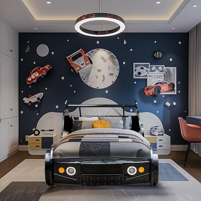 Race Car Twin Bed Frames for Kids, Wood Car-Shaped Bed Frame with Wheels LED Lights & Slat Support for Toddler, Teens, Boys or Girls (Race Car-Black)