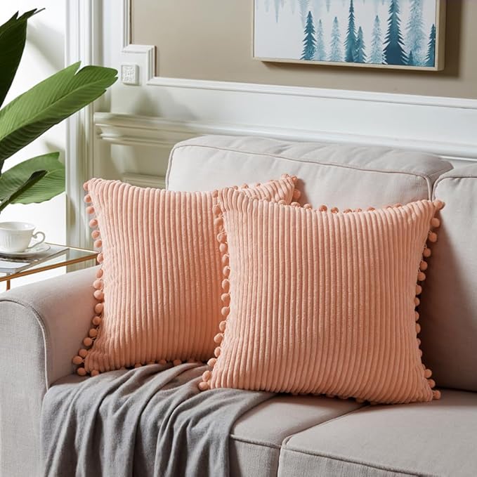 Fancy Homi Pack of 2 Peach Decorative Throw Pillow Covers 20x20 Inch with Pom-poms for Couch Bed Living Room, Farmhouse Boho Home Decor, Soft Corduroy Solid Coarl Square Cushion Case 50x50 cm