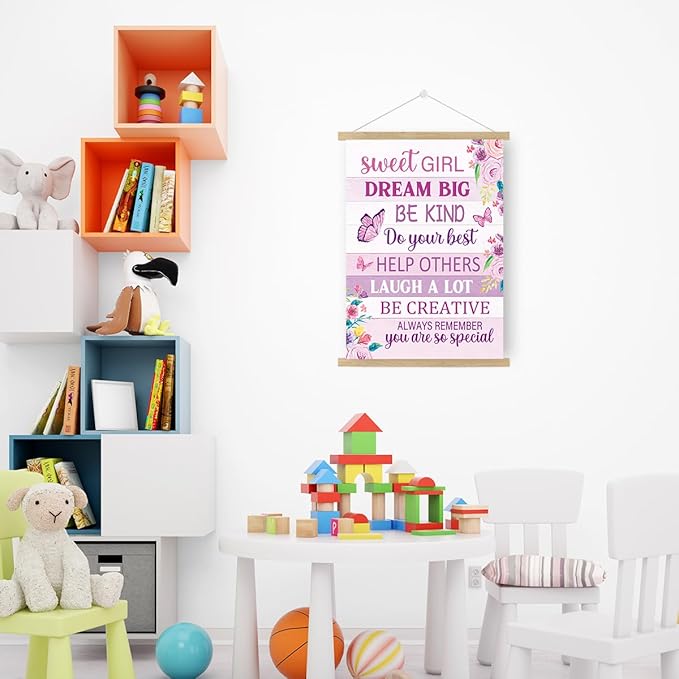 Qswo Positive Affirmations Wall Decor for Girls,Sweet Girl Dream Big Pink Wall Art Poster Hanger Frame,Inspirational Hanging Canvas Wall Decor for Girls Room Dorm Nursery
