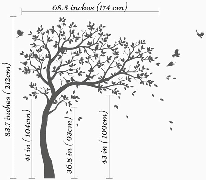 Large Tree Wall Decals Nursery Leaning Tree Stickers with Birds Wall Art Mural Vinyl Decor KW032 (Leaning Right, Brown; Light Orange; Dark Red; Blue)