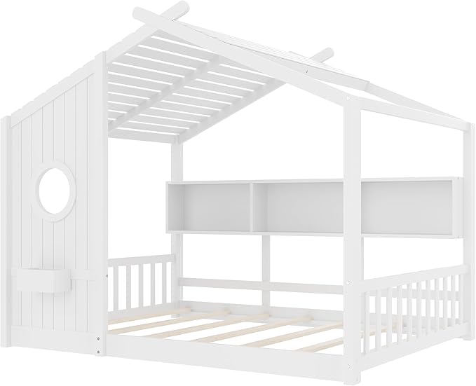 Full Size Floor House Bed with Roof and Window for Kids, Wooden Playhouse Bed with Storage Shelves for Bedroom Furniture Girls & Boys (White/L1, Full)