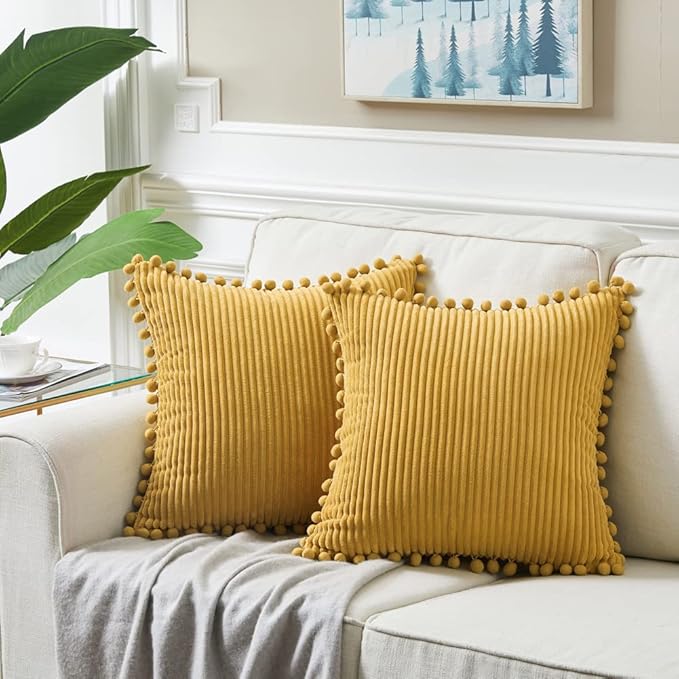 Fancy Homi 22x22 Pillow Covers, 2 Packs Mustard Yellow Throw Pillow Covers with Pom-poms, Super Soft Corduroy Square Solid Cushion Cover for Couch Sofa Bedroom Living Room 55x55 cm