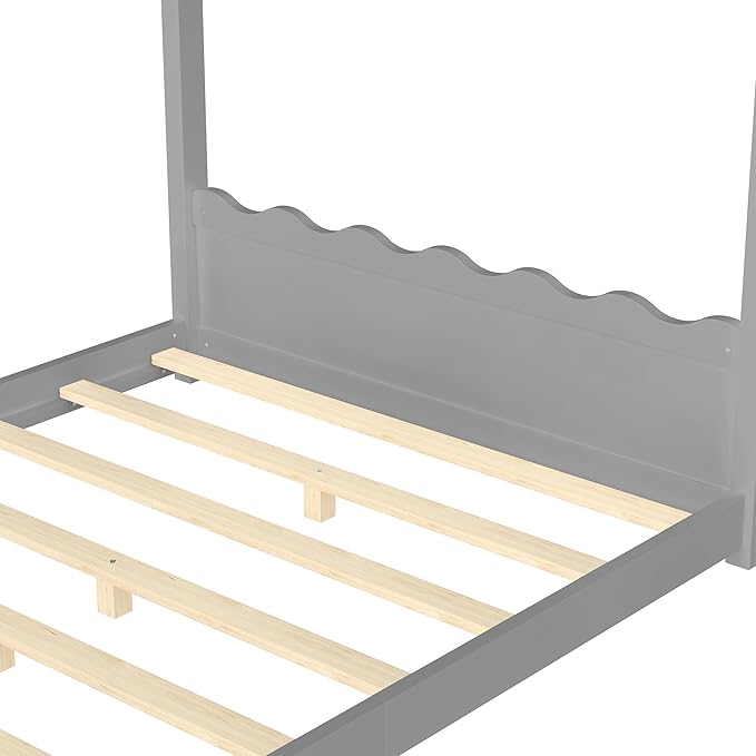 Full Size Wooden House Floor Bed - Kids Bed Frame with Roof & Support Slats for Bedroom, No Box Spring Needed, Easy Assembly (Grey)