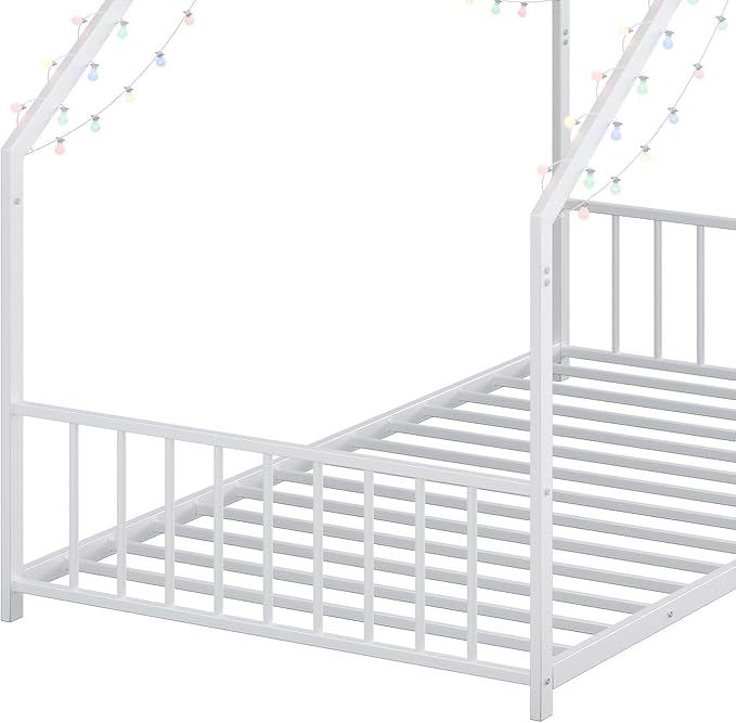 Bellemave Twin Size Montessori Floor Beds with Slats for Kids, Metal Twin House Bed for Kids, White with Slats and Lights