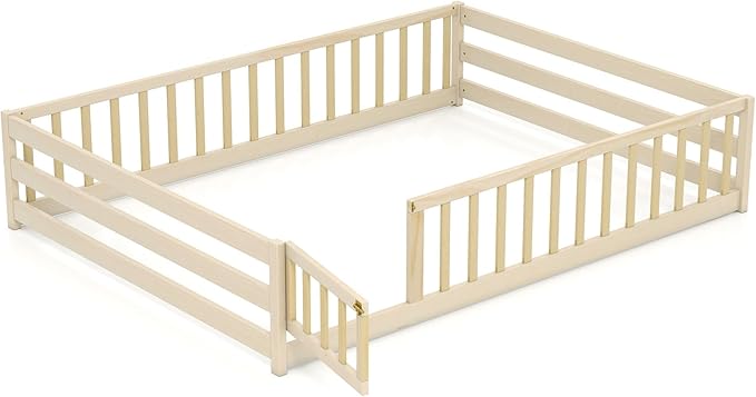 KOMFOTT Full Size Wood Floor Bed with Door & Fence, Montessori Bed Frame with Full Length Safety Guardrails, Door & Latch, Wooden Montessori Floor Bed for Kids, Girls, Boys (Full,Natural)