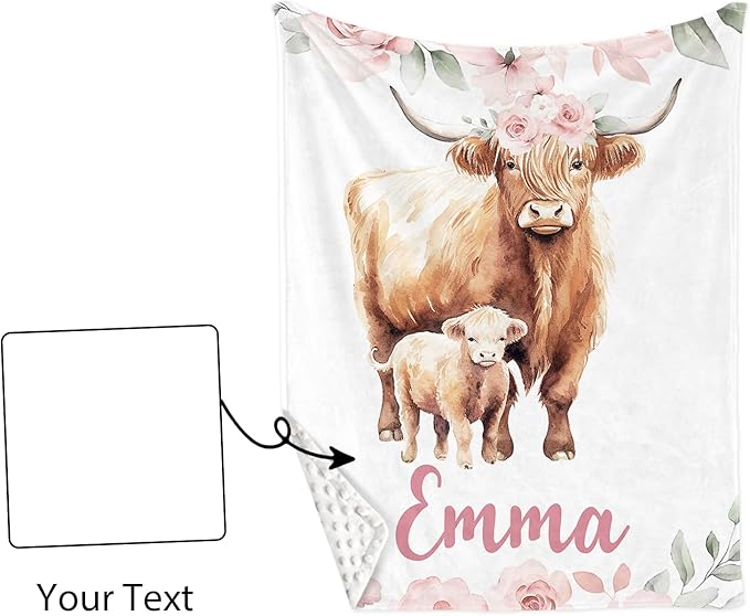 Custom Baby Crib Bedding Set - Pink Highland Cow Design Personalized Name Baby Nursery Bedding 3 Pcs Set - Chic Soft Blanket, Fitted Sheet, Room Rug for Newborns Boys Girls Gifts