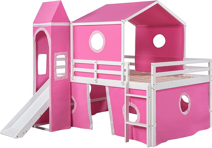 Playhouse Design Full Size Low Loft Bed with Slide & Tent and Tower, Solid Wood Tent Bed Frame for Kids Boys Girls, Versatile Spacious Under Bed Space with Curtains (Pink-TE)