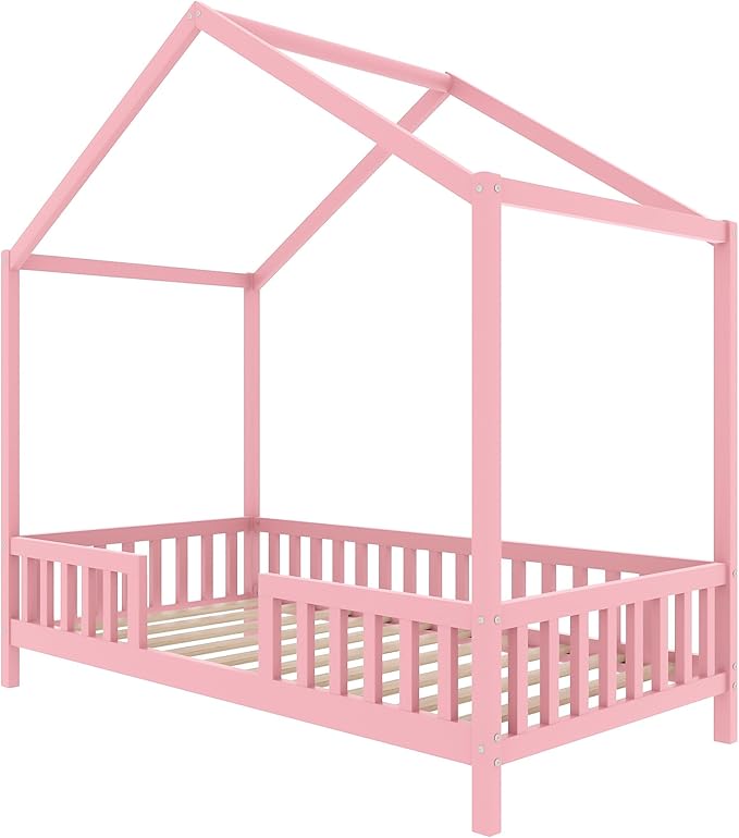 Bellemave Twin House BedFrame with Canopy, Montessori Floor Bed, House Bed with Rails for Kids, Pink