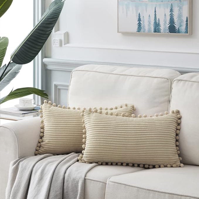 Fancy Homi Pack of 2 Tan Lumbar Decorative Throw Pillow Covers with Pom-poms, Soft Corduroy Solid Rectangle Cushion Cases Set for Couch Sofa Bedroom Car Living Room (12x24 Inch/30x60 cm, Beige)