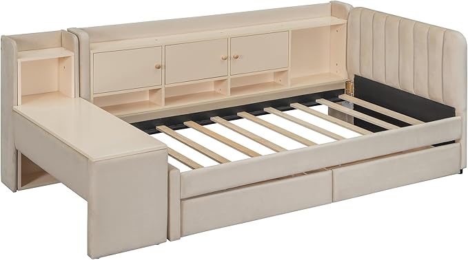 Twin Size Daybed with Desk, Storage Drawers and L-Shaped Bookshelf Headboard, Velvet Upholstered Soft Corner Bed with Flip Cabinets and Shelves for Kids Boys Girls, Beige