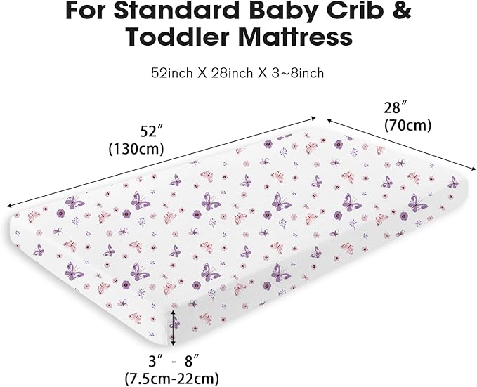 Little Grape Land Muslin Crib Sheets Fitted for Boys and Girls 2 Pack, 100% Cotton Baby Bed Sheets Soft Breathable, Neutral Fitted Baby Mattress Sheets for Standard Crib 52x28 inches, Purple Butterfly