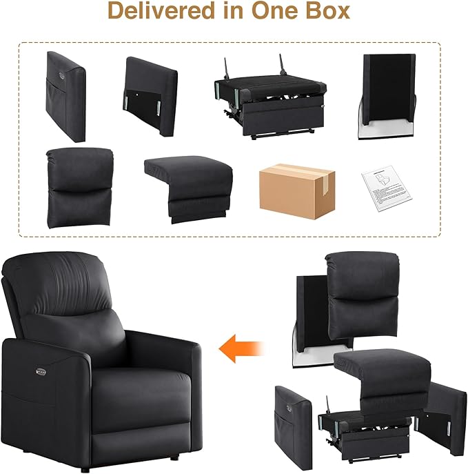 Adjustable Power Recliner Chair, Comfy PU Leather Electric Recliner Chair, Power Recliners with USB Port, Eco-Certified Small Recliners for Small Spaces Sofa Reclinable, Black