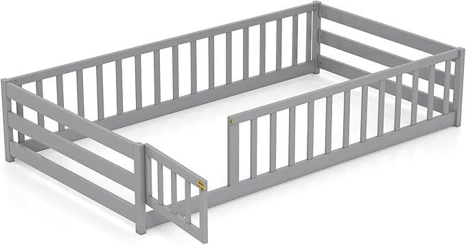KOMFOTT Twin Size Wood Floor Bed with Door & Fence, Montessori Bed Frame with Full Length Safety Guardrails, Door & Latch, Wooden Montessori Floor Bed for Kids, Girls, Boys (Grey, Twin)