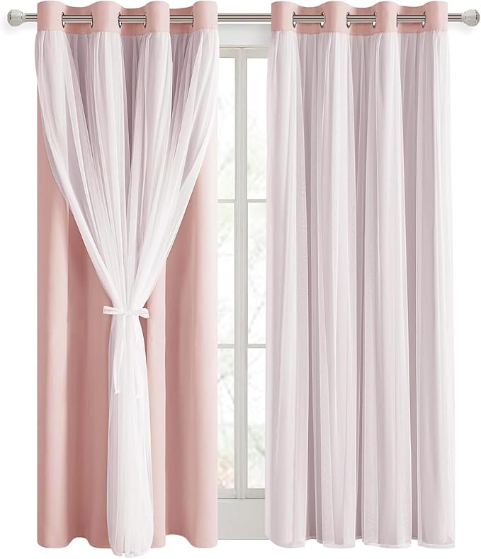 DWCN Layered Curtains Blackout and Sheer Curtains with Tiebacks Grommet Top Window Curtain Panels for Living Room, Girls Bedroom, Nursery, 52" x 84", Rose Blush, 2 Pieces