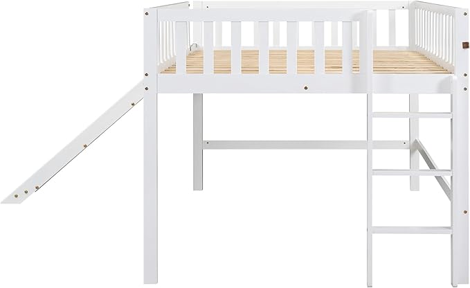 Flieks Full Size Low Loft Bed Frame for Boys Girls Kids Adults Toddler for Boys Girls Kids Adults Toddler with Ladder and Slide,White