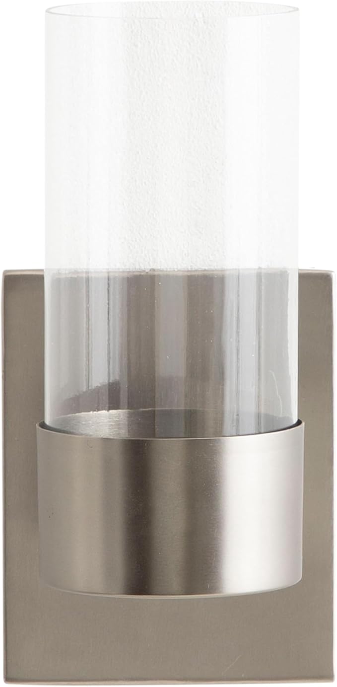 Kate and Laurel Zabler Modern Metal Wall Sconce, 5 x 6 x 10, Antique Nickel, Round Candle Holder with Removable Glass Cylinder for Flameless Candle Display in Bedroom or Bathroom