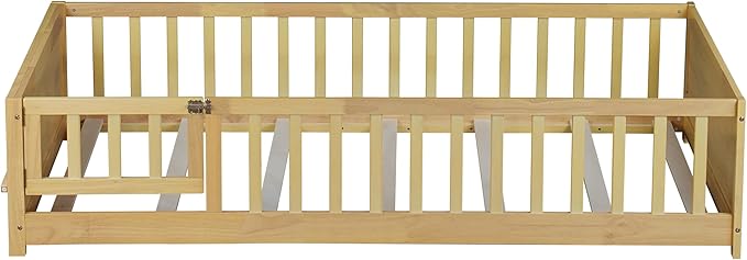 Floor Bed with Rails and Door Twin Size, Wood Montessori Floor Bed with Storage Bookcase, Kids Bed Frame with Fence for Boys Girls, Natural