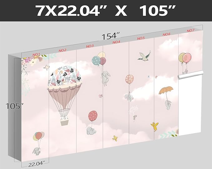 XMPMBM-Pink Clouds hot air Balloon Nursery Room Fabric Wallpaper Cartoon Animals Bedroom Wall Mural-W 154" X H 105"(112 Square Foot)